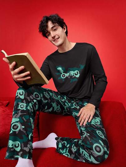 NotGurli Set bărbătesc de lenjerie de casă tricotată cu model camuflaj, top și pantaloni cu mânecă lungă, croială slim, guler rotund, haine de iarnă