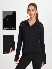 SHEIN Sports Damen Outdoor Athletik Jacke mit Reißverschluss und Daumenöffnungen - leichte Stretch Trainings-Jacke, Langarm Lauf- und Yoga Top - Schwarz - Übersicht 1