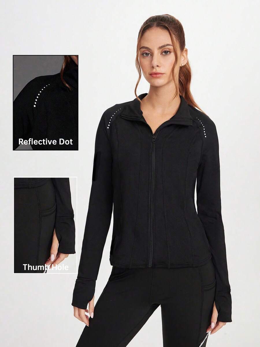 SHEIN Sports Damen Outdoor Athletik Jacke mit Reißverschluss und Daumenöffnungen - leichte Stretch Trainings-Jacke, Langarm Lauf- und Yoga Top - Schwarz - Übersicht 1