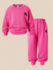 SHEIN Explorewe Casuvi 儿童女童两件套冬季服装，针织双层提花纹理套头衫套装，带有马术运动图案印花，适合秋冬季休闲、运动、度假穿着 - 玫紅色 - 查看 4
