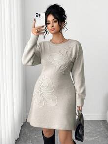 Elenzga Plus Size Women Elegant Floral Print Crew Neck Sweater Dress, Autumn/Winter - Khaki - View 5