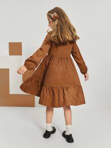 SHEIN Tween Girl Corduroy Dress,Shades Of Brown,Autumn,Elegant,Matching Family Mandarin Collar Ruffle Trim Button Waist Cinched Long Sleeve Thanksgiving - Brown - View 10
