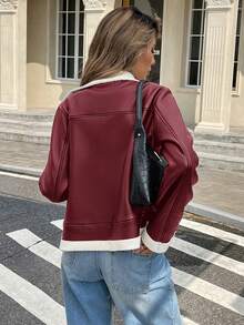 Serisse Women's Casual PU Leather Jacket With Faux Fur Trim Zipper Front, Autumn Winter Christmas New Year Red Burgundy - Burgundy - View 2