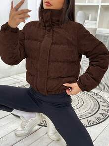 SHEIN EZwear 秋冬女装休闲咖啡棕色拉链按扣灯芯绒棉衣外套，冬季棉衣外套，棕色外套 - 咖啡棕 - 查看 3