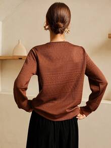 Lymera Women's Textured Floral Pattern V-Neck Casual Sweatshirt, Autumn/Winter - Brown - View 3