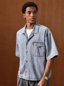 SWAVVY 男士休闲纯色落肩前扣时尚百搭短袖牛仔衬衫 - 藍色 - 查看 5