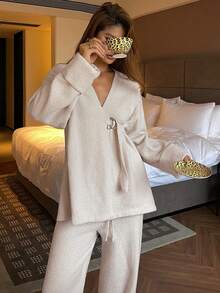DAZY Women's Minimalist Half Fleece Knit Top & Pants Design Cozy Pajama Set, Winter - White - View 7