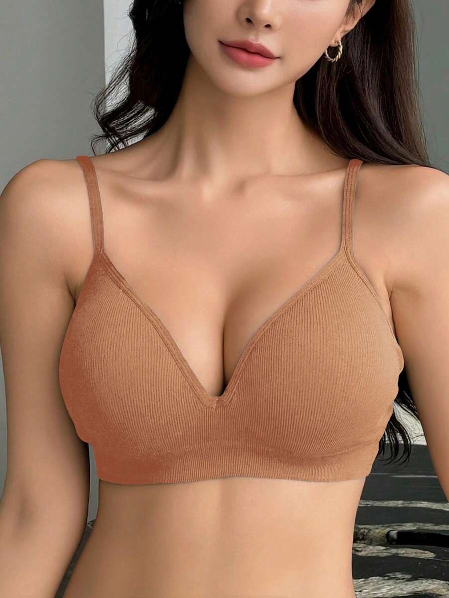 DAZY Sutien push-up cu bretele reglabile, tricotat fără fereastră, cu căptușeală, pentru femei, lenjerie intimă pentru femei - Kaki - Vizualizare 1