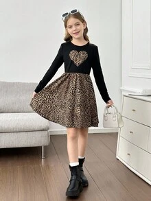 SHEIN Tween Girls Casual Knit Splice Leopard Print Heart Patch Fitted Ruffle Hem Princess Dress - Black - View 4