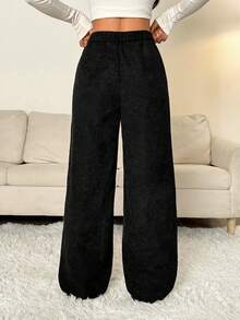 SHEIN PETITE Quần nhung kẻ họa tiết cổ điển thời trang đường phố thu đông cho nữ - màu đen - Xem 2