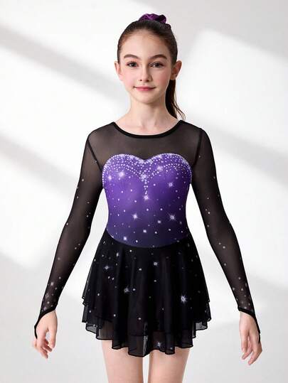 Tween Girls Long Sleeve Round Neck Figure Skating Dress, Anti-Flashing Leggings, Skirt Skating Outfit, High Stretch Printed Snug Fit Skin-Friendly Comfortable Shaping Training Sports Apparel, All Season