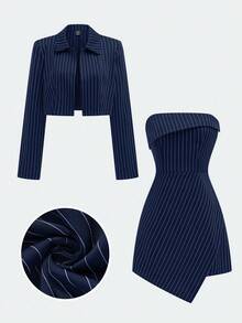 Sweetra Women's Fashion Casual Striped Tube Dress & Jacke2 Piecesce Set - Navy Blue - View 1