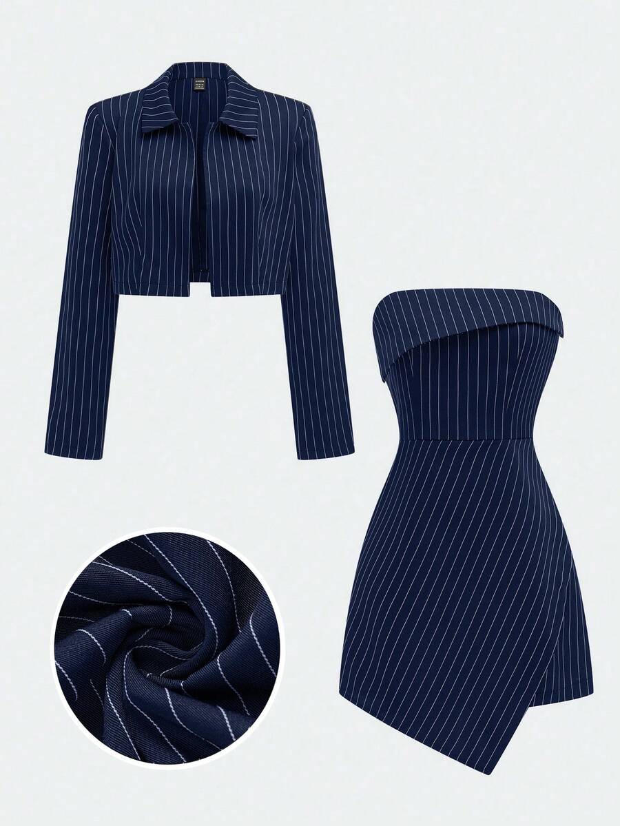 Sweetra Women's Fashion Casual Striped Tube Dress & Jacke2 Piecesce Set - Navy Blue - View 1