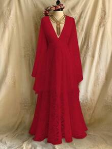 Lyrianda 高端奢华法式蕾丝连衣裙，新款时尚优雅 V 领喇叭袖连衣裙，派对晚礼服，正式生日礼服 - 紅色 - 查看 5