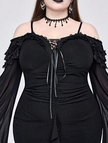 ROMWE Spring/Summer  Plus Size Gothic Vintage Ruffled Lace Flounce Hem Layered Dress, Retro Elegant Black Dress For Women, Plus Size Gothic Vintage Party Gown, Dark Elegant Gothic Plus Size Black Formal Dress, For Party  Valentine's Day - Black - View 5