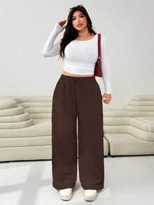Solflare 大码女式纯色直筒抽绳口袋休闲裤，百搭秋冬装 - 巧克力棕 - 查看 3