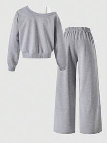 SHEIN ChillGRL 2pcs/Set Kids Girls Navy Blue Cow Boy Outfit,Asymmetric Shoulder Number 58 Print Long Sleeve Top & Loose Pants,Autumn School Back-To-School Clothing - Light Grey - View 6