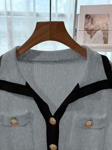 Franclia New Autumn Slim Fit V-Neck Contrast Color Elegant Cardigan For Women - Grey - View 5