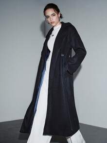 SHEIN Luminelle 秋冬经典常规版型风衣。银色孔眼抽绳腰带设计 - 黑色 - 查看 8