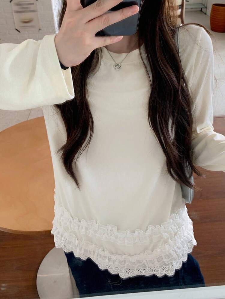 Women's Casual Versatile Lace Trim Long Sleeve T-Shirt