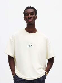 SUMWON Boxy Fit Printed Crew Neck Short Sleeve T-Shirt Off Duty Graphic Statement Streetwear Top - Beige - View 2