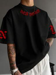 Manfinity EMRG Men's Casual Letter Graphic Loose Fit Round Neck Short Sleeve T-Shirt, Summer