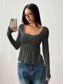 SHEIN EZwear 女式简约休闲深灰色长袖方领T恤，秋季 - 深灰色 - 查看 3