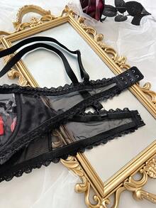 2pcs Women's Sexy Lace Patchwork Underwire Bra Set - Black - View 6