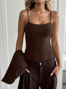 Easowa 2 件女士休闲宽松针织吊带背心上衣和纽扣前开衫套装棕色开衫毛绒开衫棕色毛衣套装秋冬毛绒毛衣 - 咖啡棕 - 查看 6