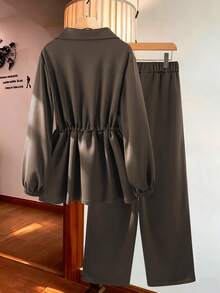 GlowEve Women's Basic High Collar Cinched Waist Zip-Up 2 Pieces Set - Coffee Brown - View 2