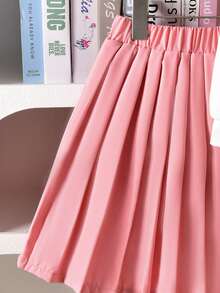 2pcs Set: Bow Decor Khaki Long Sleeve Sweatshirt & Black Pleated Mini Skirt - Pink - View 4