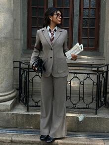 SHEIN EZwear 时尚通勤夹克、背心和裤子套装 - 棕色 - 查看 5