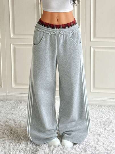Muchica Women's Wide Leg Sweatpants With Contrast Striped & Plaid Patchwork, Grey