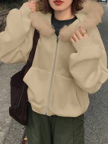 FRIFUL Áo nỉ dài tay giữ nhiệt tối giản màu trơn dành cho nữ, có lớp lót và cổ áo phối màu tương phản. - Màu be - Xem 5