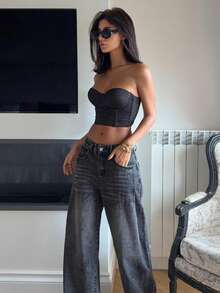 Ronhire Quần Jeans Ống Rộng Phong Cách Phương Tây Cho Nữ, Quần Jeans Rộng Baggy - Màu xám đen - Xem 5