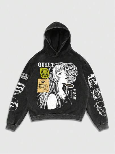 Sweat-shirt à capuche imprimé flocons de neige noirs pour hommes, sans poches