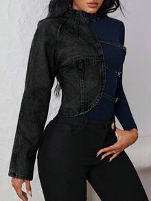 SHEIN Unity Sexy Distressed Denim Hollow-Out Fitted Jacket - Black - View 4