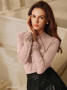 Anewsta 女士优雅亮片粉色毛衣，饰有蝴蝶结和水钻，长袖，适合圣诞节、新年、感恩节、秋冬季穿着。 - 粉色 - 查看 6