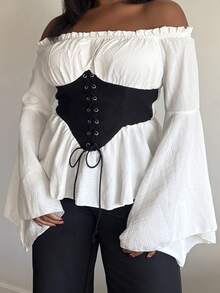 Tyla Gomez Hollow Out Flared Sleeve Contrast Tie Waist Vintage Blouse,Long Sleeve Tops - Black and White - View 3