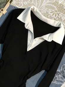 Glimmora Women's Contrast Color Shirt Collar Long Sleeve Casual 2 In 1 Top - Black - View 2