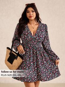 Elaquor Plus Size Casual Vacation Ditsy Ditsy Floral Cinched Waist Lantern Sleeve Dress, Autumn Women Floral Dress Picnic Dress Ditsy Floral Dress Long Sleeve Floral Dress