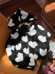 Comfortcana 女式黑白心形图案羊毛混纺连帽休闲夹克，冬季夹克 - 黑與白 - 查看 3