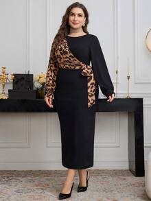 Modelyn Große Größen Damen Leopard Muster Patchwork Laternärmel figurbetontes elegantes Midi-Kleid für den Berufsalltag - Verschiedenfarbig - Übersicht 7