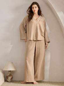 Ocili Bộ đồ ngủ tay dài màu trơn cỡ lớn và quần dài, quần áo mùa đông - Lạc đà - Xem 4