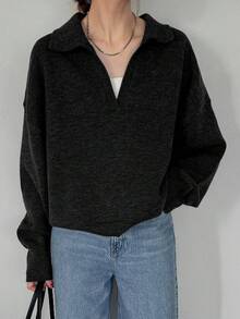 FRIFUL 女式纯色深灰色翻领落肩长袖宽松休闲百搭毛衣，秋冬