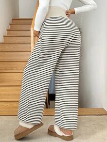 SHEIN 孕妇休闲条纹高腰裤，秋冬 - 黑與白 - 查看 2