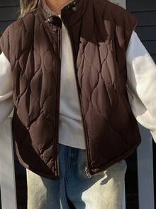 DAZY 2-In-1 Patchwork Faux Fur Lining Padded Vest, Short Style Women Padded Coat - Brown - View 4