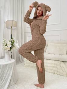 女士保暖抓绒拉链连体衣，冬季舒适蓬松睡衣 - 駝色 - 查看 4