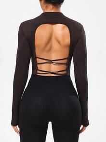 SHEIN Sports 女式纯色露背十字交叉设计长袖修身运动T恤 - 咖啡棕 - 查看 1