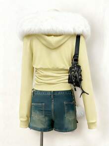 SHEIN Unity 女士黑色拼布仿皮草连帽运动衫 - 黃色 - 查看 2